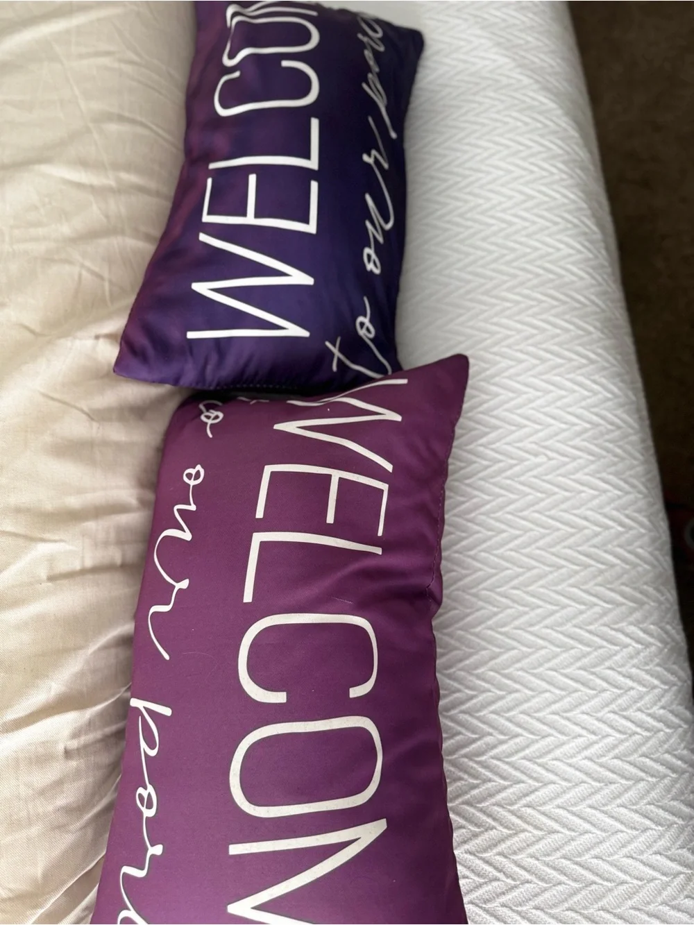 SET OF 2 ‘Welcome to Our Porch’ 20” Navy Blue & White Outdoor Pillows & Covers